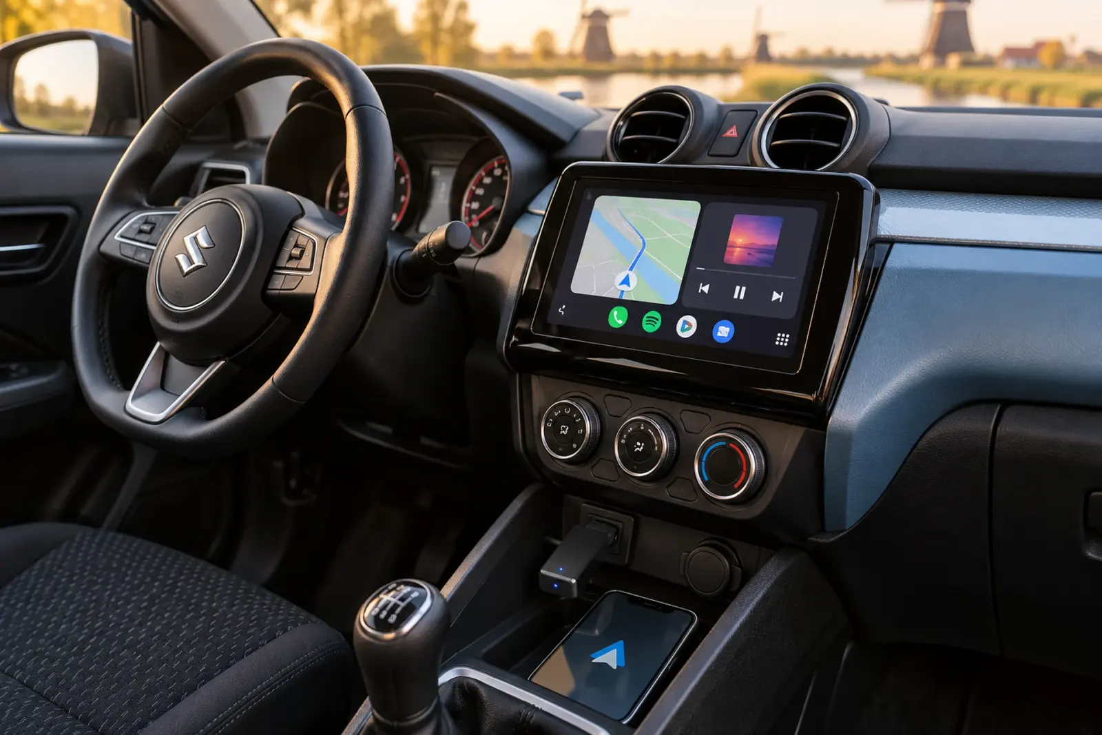 Draadloze Android Auto-adapter in de USB-poort van een compacte auto met Android Auto op het scherm, bij Apeldoorn