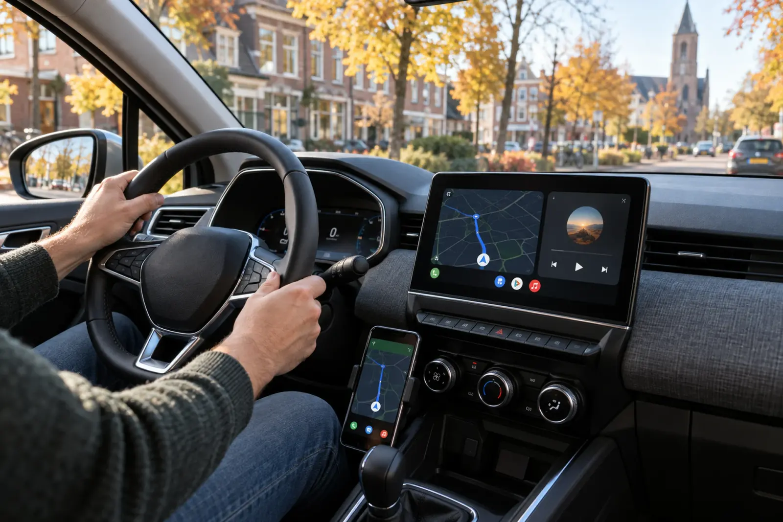 Android Auto met Google Maps en muziek op het dashboardscherm en de telefoon in een houder, onderweg in Apeldoorn