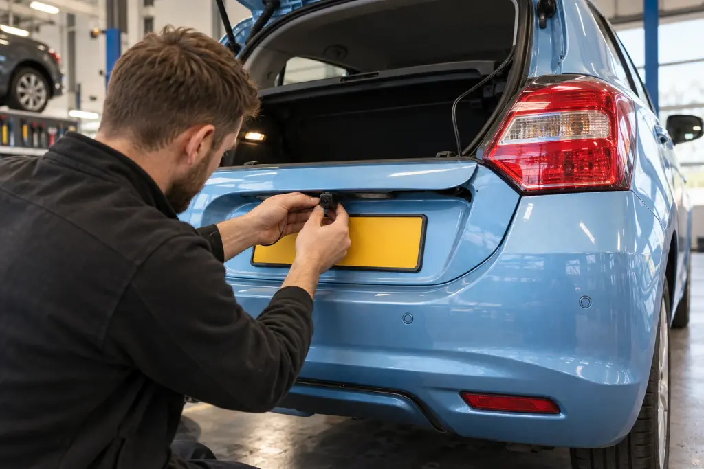 Monteur monteert een achteruitrijcamera boven de kentekenplaat van een lichtblauwe hatchback voor een klant uit Apeldoorn