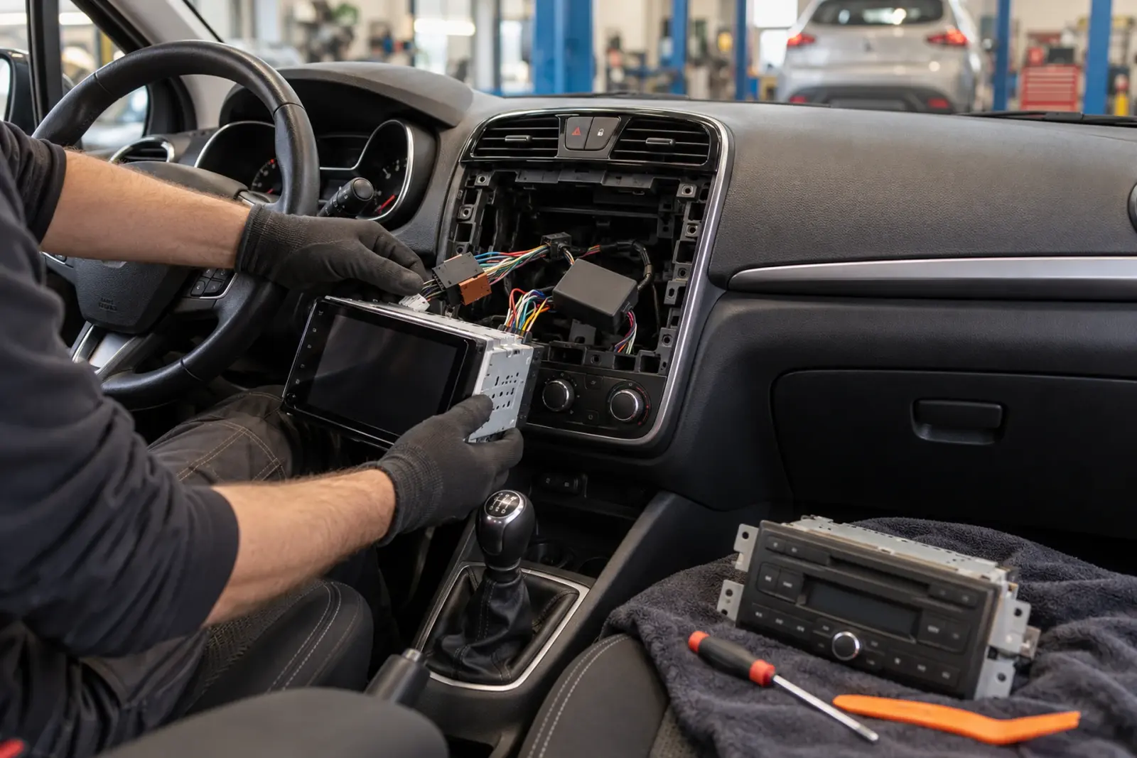 Nieuwe 2-DIN Android Auto-radio bij de geopende dashboardopening, de oude fabrieksradio ligt op de stoel, montage voor een klant uit Apeldoorn