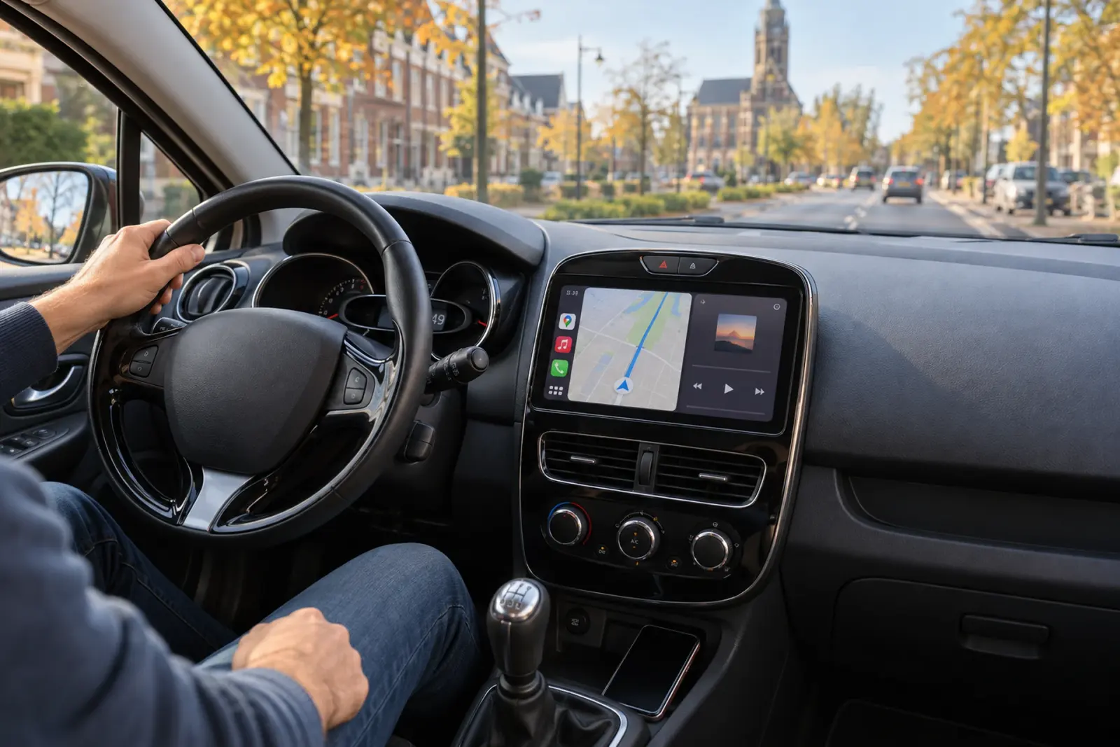 Bestuurder in Apeldoorn rijdt met CarPlay-navigatie en muziek op het dashboardscherm over een laan met herfstbomen