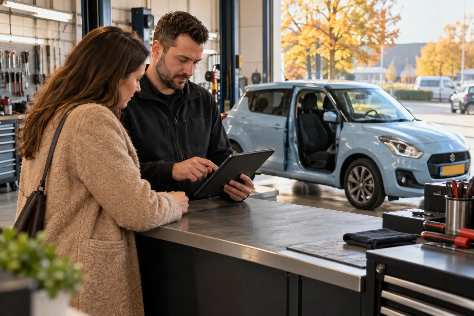 Specialist bespreekt de offerte voor CarPlay op een tablet met een klant uit Apeldoorn aan de balie van de werkplaats