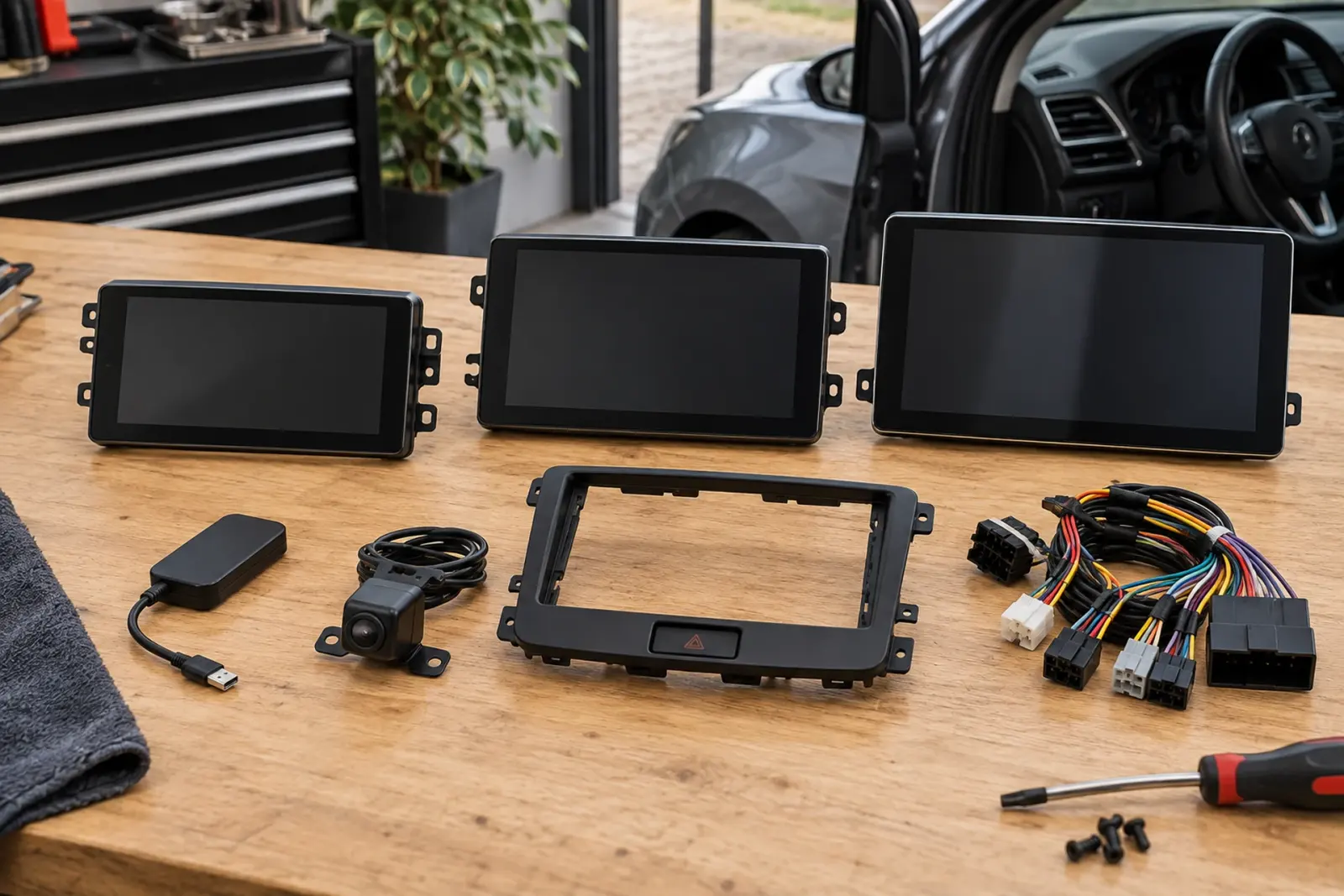Drie CarPlay-schermen in verschillende maten, een adapter, achteruitrijcamera, inbouwframe en kabelboom op de werkbank voor klanten uit Apeldoorn