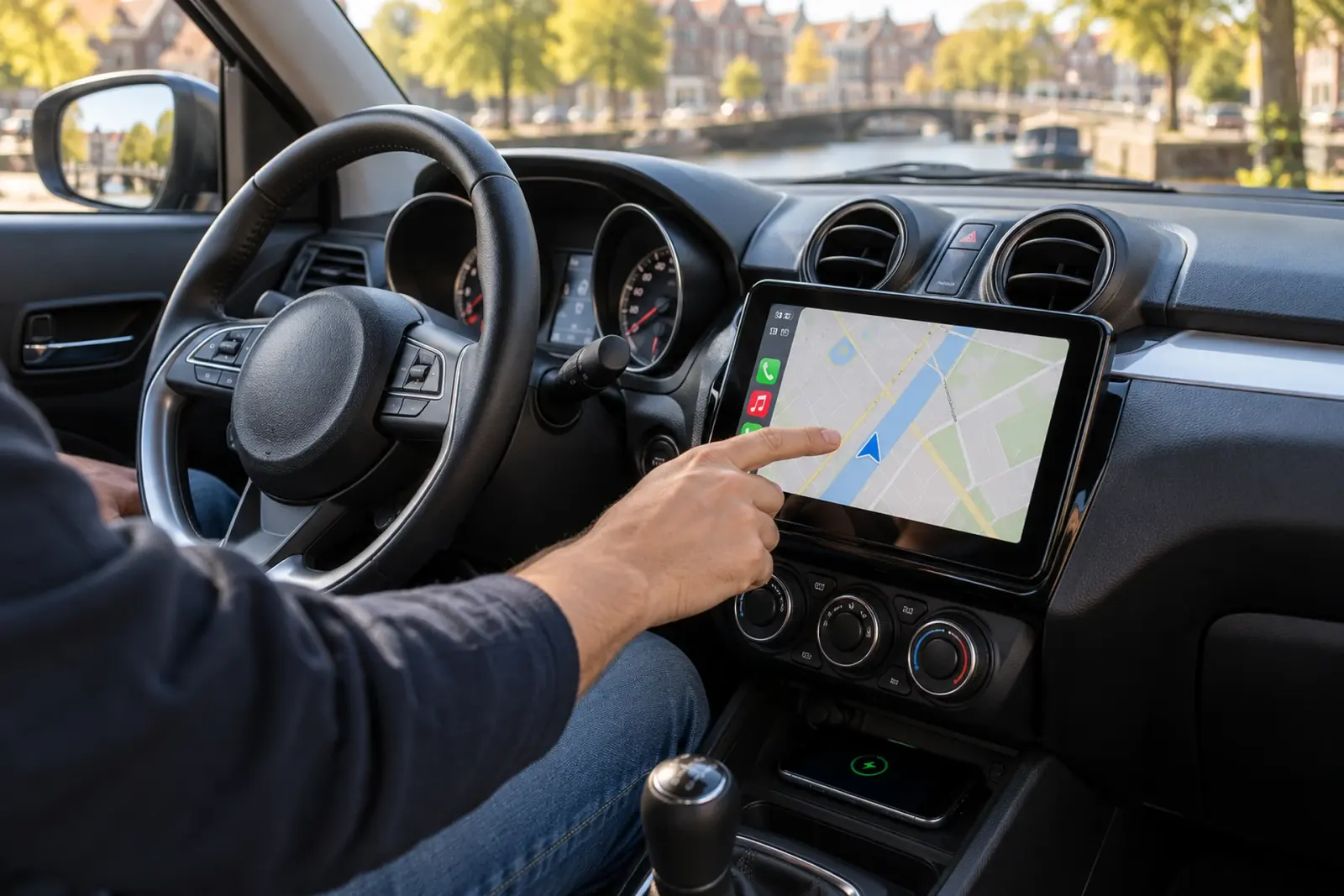 Bestuurder tikt een bestemming aan op het ingebouwde CarPlay-touchscreen van een compacte auto in Apeldoorn