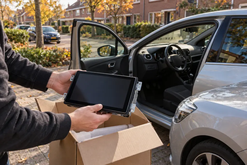 Nieuw 2-DIN CarPlay-scherm wordt uit de doos gehaald naast een zilvergrijze auto in een woonstraat in Apeldoorn
