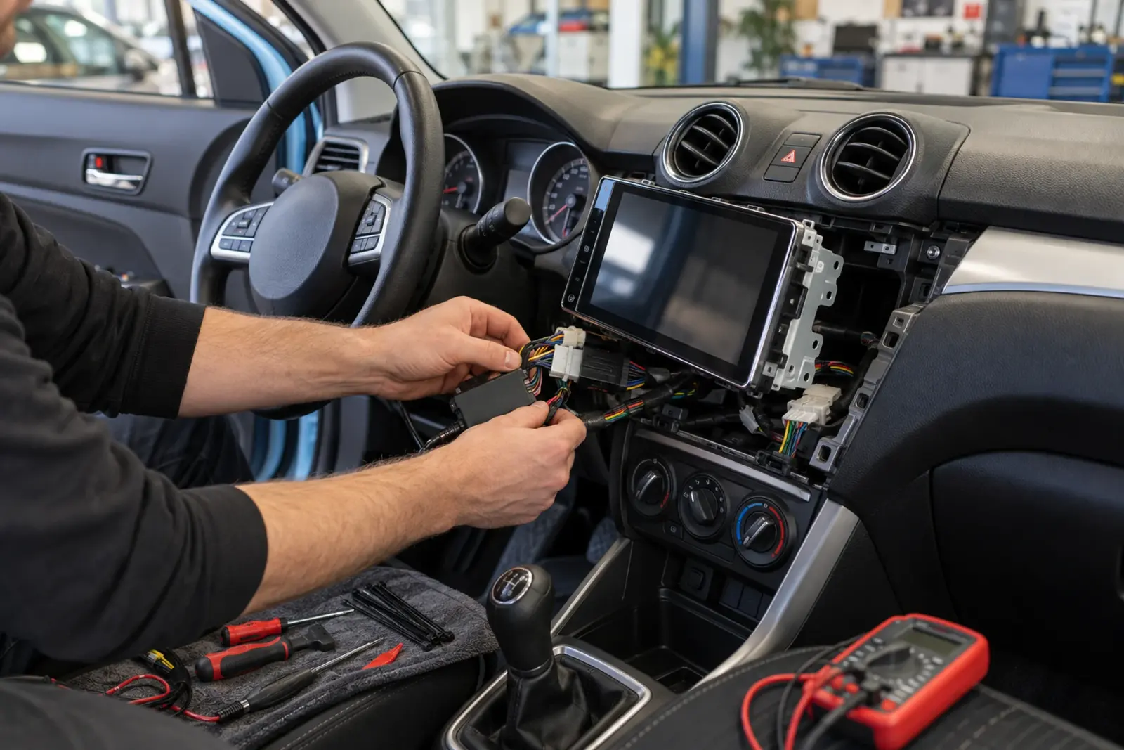 Monteur sluit de interface en de kabelboom aan achter het nieuwe CarPlay-scherm tijdens de inbouw voor een klant uit Apeldoorn