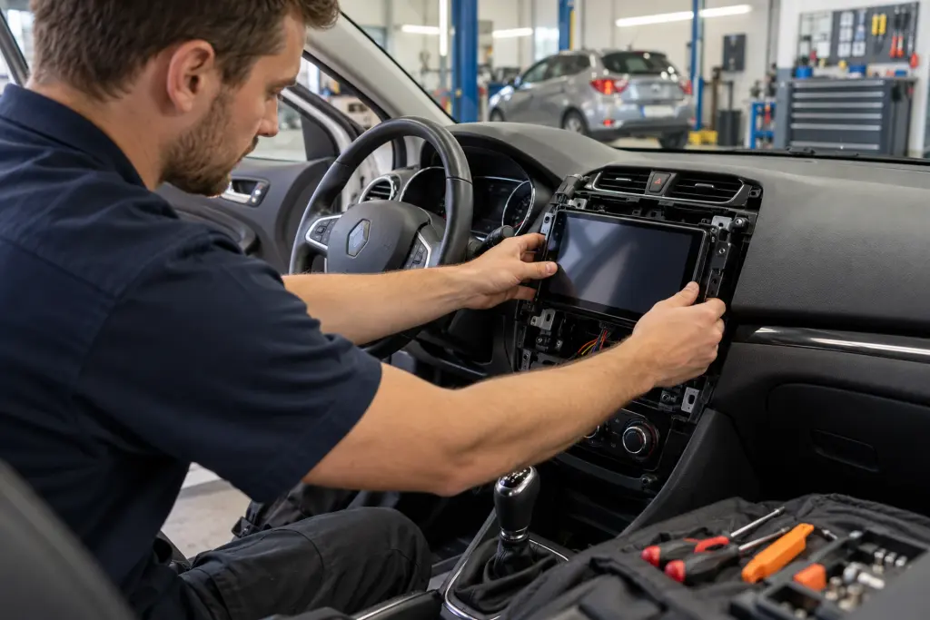 Monteur schuift een CarPlay-scherm in het dashboard van een hatchback in de werkplaats van de inbouwpartner in regio Apeldoorn